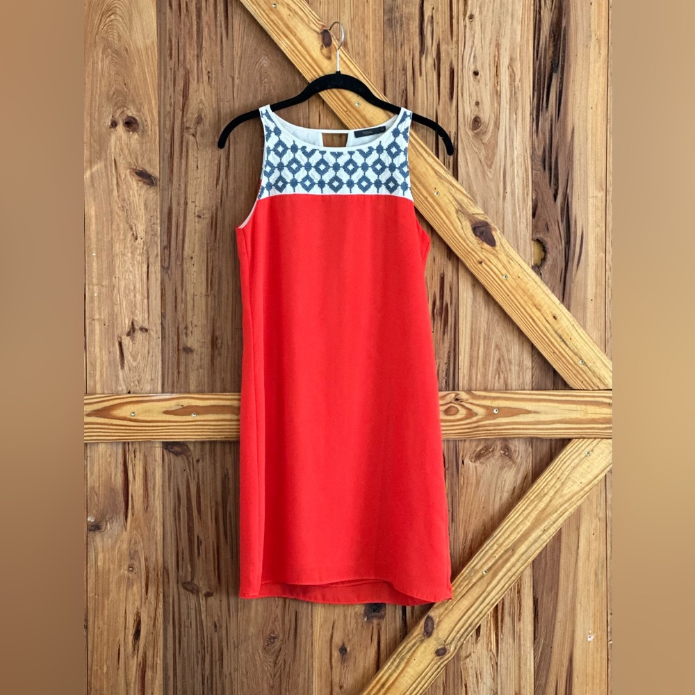 Red, White & Blue Chiffon Dress w/ Embroidered Pattern on Front & Back. Size XS